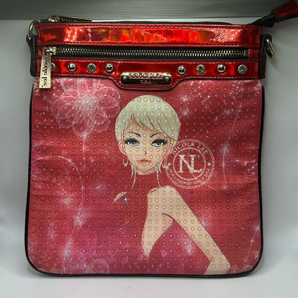 Nicole Lee pink red studded rhinestone fashion purse with missing strap